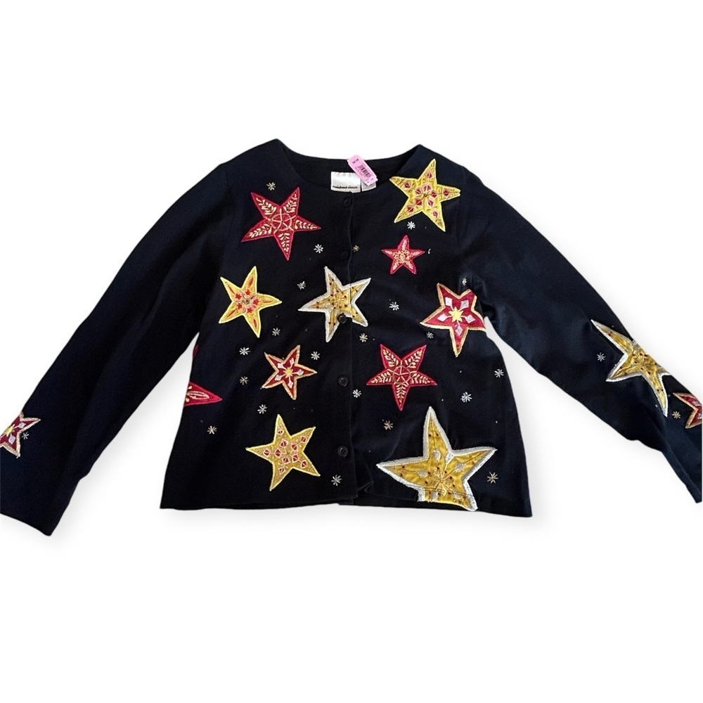 MICHAEL SIMON VTG Holiday Stars Allover Embroidered Beaded Cotton Cardigan M